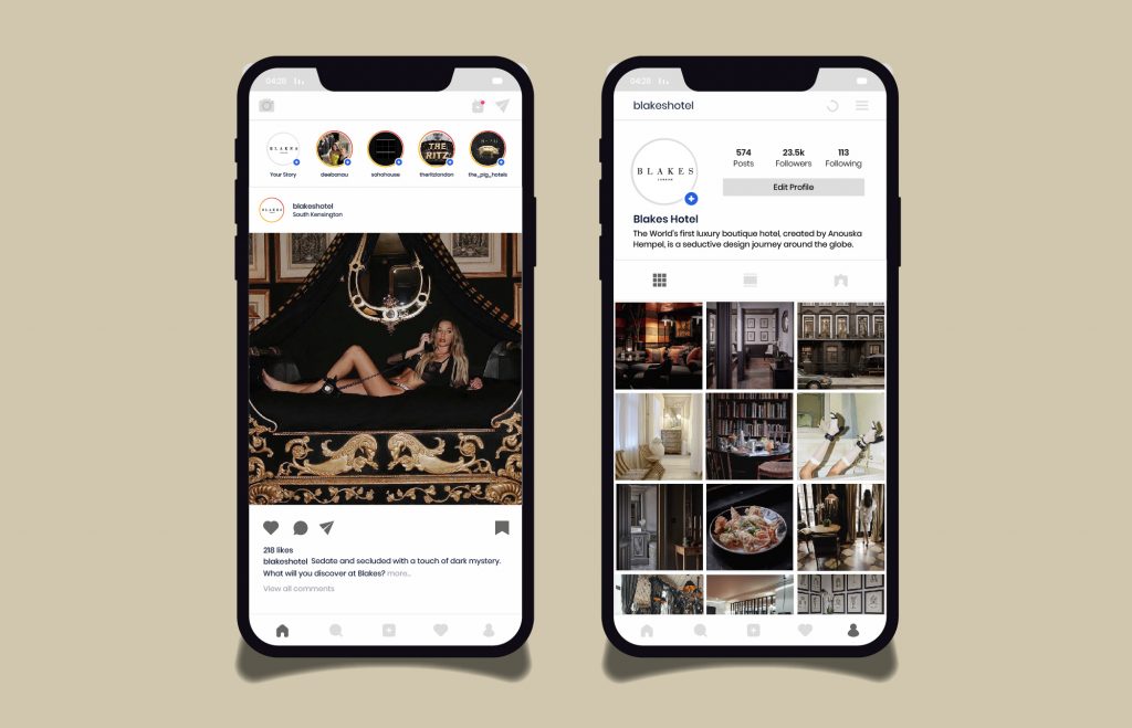 Blakes hotel instagram feed showcasing hotel rooms with dramatic interior shots as well as models and user generated content of hotel guests.