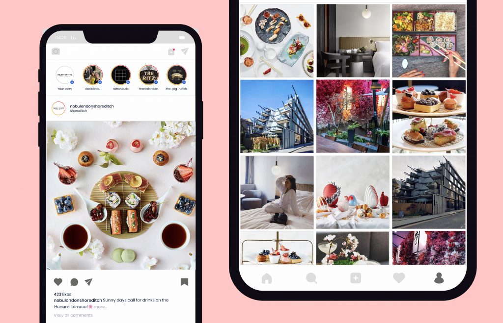 Nobu hotel's Instagram feed with food photos of Japanese afternoon tea, pink blossom on the restaurant terrace, dark interior shots of hotel rooms and shots of the hotel exterior architecture.