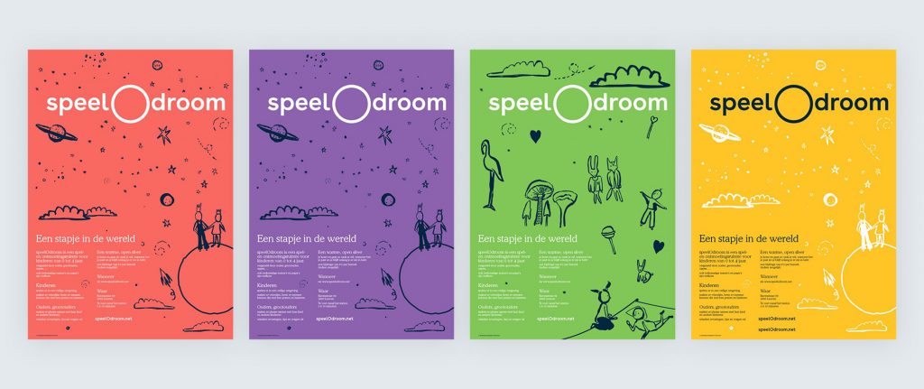 Posters showing illustrations of planets, moons, space and animals, lollipops and clouds. With text that reads 'step into their world' in Flemish. For Speelodroom, Brussels children and parent meet up.